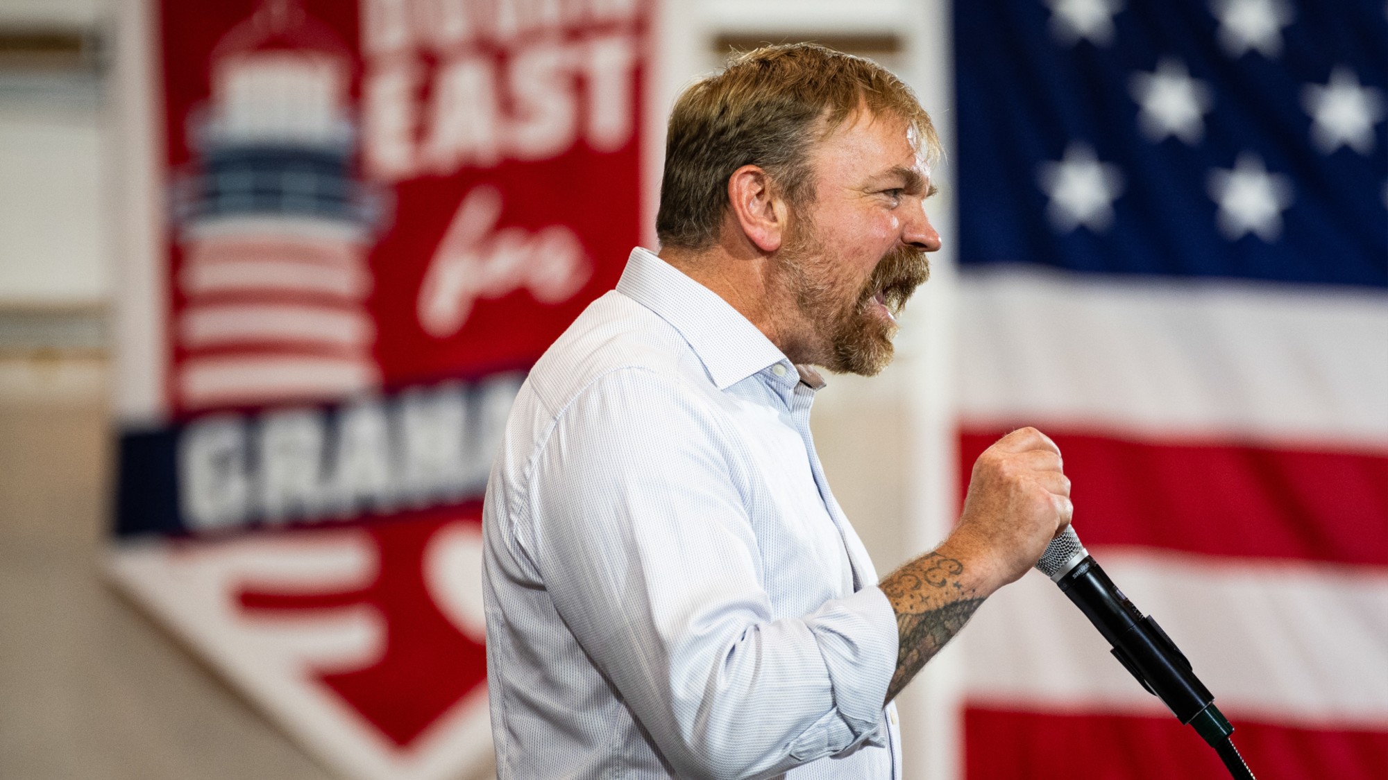 Graham Platner, Democratic US Senate candidate for Maine, during a primary election night event at the Blue Hill YMCA in Blue Hill, Maine, US, on Tuesday, June 9, 2026. 
