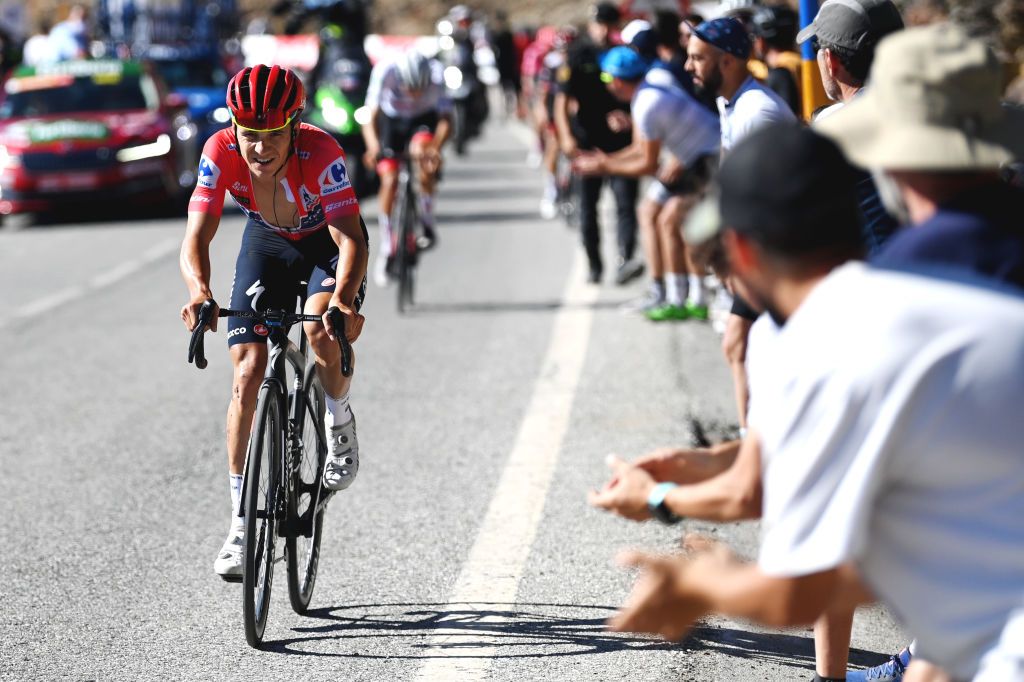SIERRA NEVADAGRANADA SPAIN SEPTEMBER 04 Remco Evenepoel of Belgium and Team QuickStep Alpha Vinyl Red Leader Jersey competes during the 77th Tour of Spain 2022 Stage 15 a 1526km stage from Martos to Sierra Nevada Granada 2507m LaVuelta22 WorldTour on September 04 2022 in Sierra Nevada Spain Photo by Justin SetterfieldGetty Images