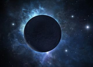 A dark exoplanet on a deep space background.