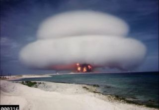 A mushroom cloud forms after a nuclear weapons test dubbed Operation Hardtack-1 - Nutmeg in May 1958 on Bikini Atoll in the Pacific Ocean.