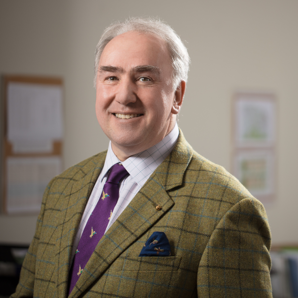 man with grey hair wearing green tweed blazer, white shirt and purple tie