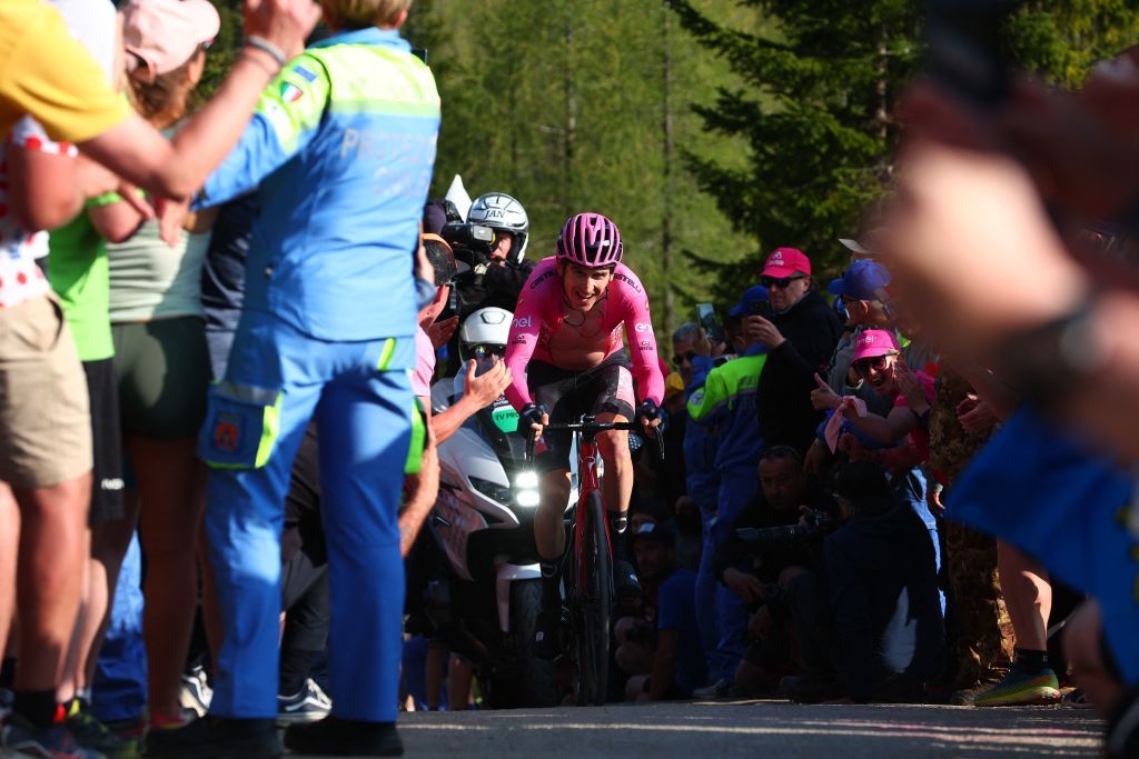 Overall leader INEOS Grenadierss British rider Geraint Thomas competes during the twentieth stage of the Giro dItalia 2023 cycling race a 186 km individual time trial between Tarvisio and Monte Lussari on May 27 2023 Photo by Luca Bettini AFP Photo by LUCA BETTINIAFP via Getty Images