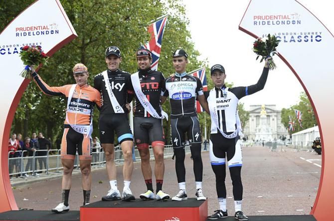 King of the Mountains Category winner Steve Lampier, second place Ben Swift (Team Sky), winner Adam Blythe (NFTO), third placed Julian Alaphilippe (Omega Pharma-QuickStep) and sprint category winner Steven Lammertink