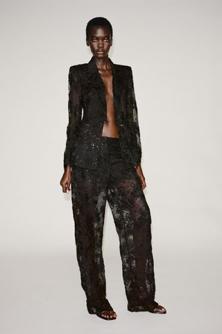 Semi-Sheer Textured Trousers With Sequins