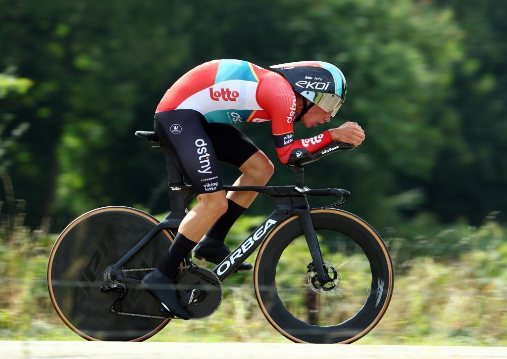 Lotto Dstny's Belgian rider Alec Segaert cycles during stage two of the "Renewi Tour" multi-stage cycling race, a 15,4km time trial in Tessenderlo on August 29, 2024. (Photo by DAVID PINTENS / Belga / AFP) / Belgium OUT