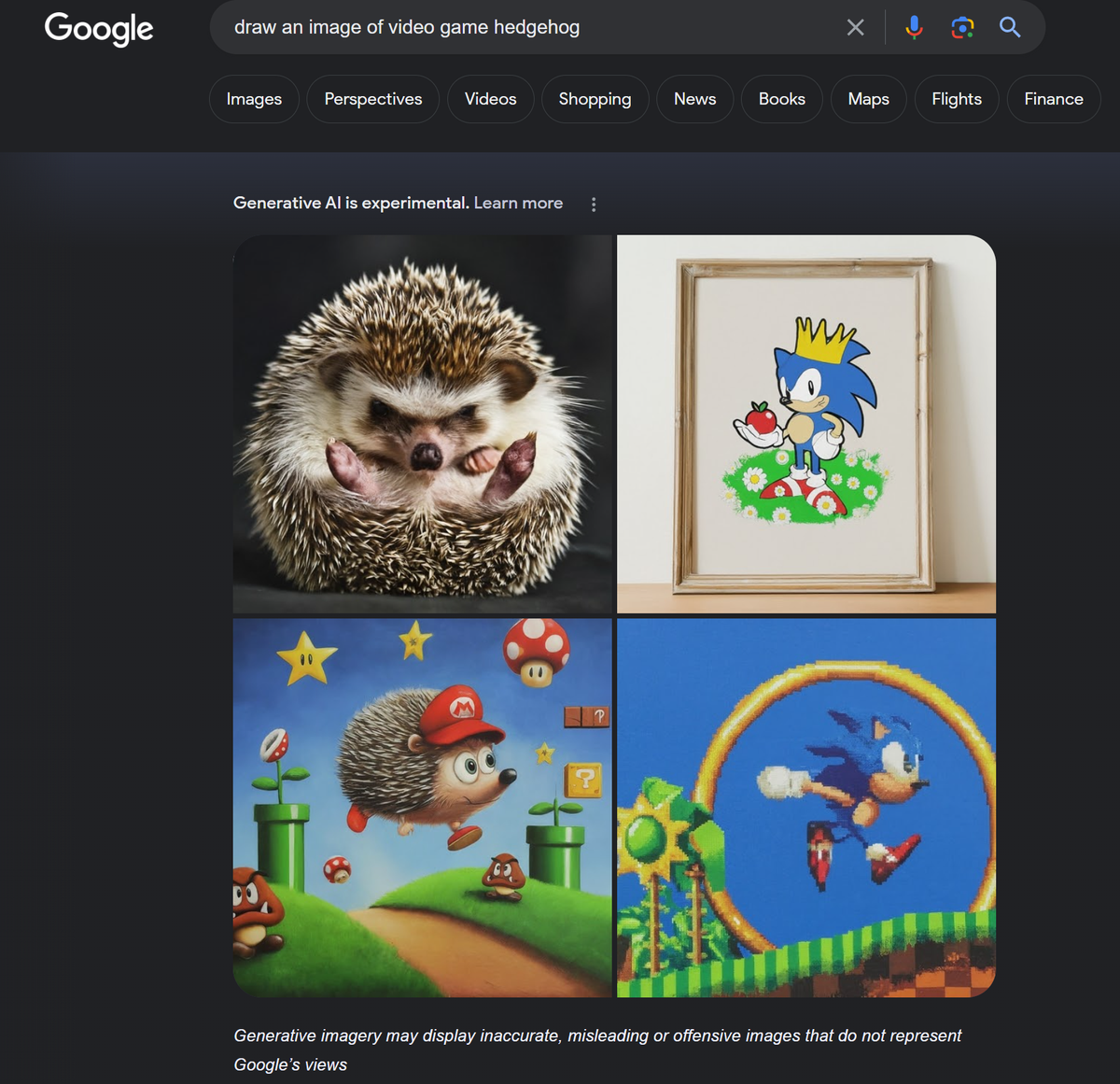 Google SGE response to video game hedgehog