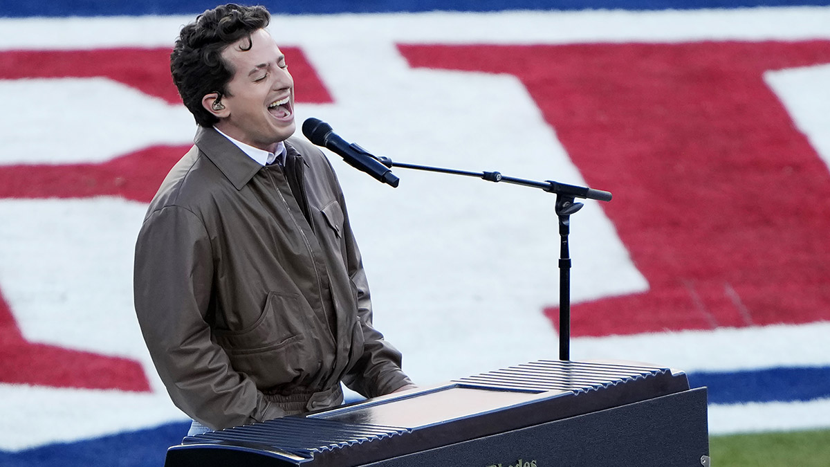 SANTA CLARA, CALIFORNIA - FEBRUARY 08: Charlie Puth performs the National Anthem during Super Bowl LX at Levi's Stadium on February 08, 2026 in Santa Clara, California. (Photo by Thearon W. Henderson/Getty Images)