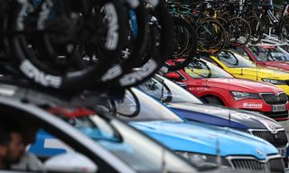 PUERTO DE ANCARES SPAIN AUGUST 30 Teams cars during the La Vuelta 79th Tour of Spain 2024 Stage 13 a 176km stage from Lugo to Puerto de Ancares 1659m UCIWT on August 30 2024 in Puerto de Ancares Spain Photo by Dario BelingheriGetty Images