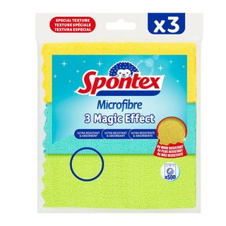 A pack of colorful Spontex microfiber cloths