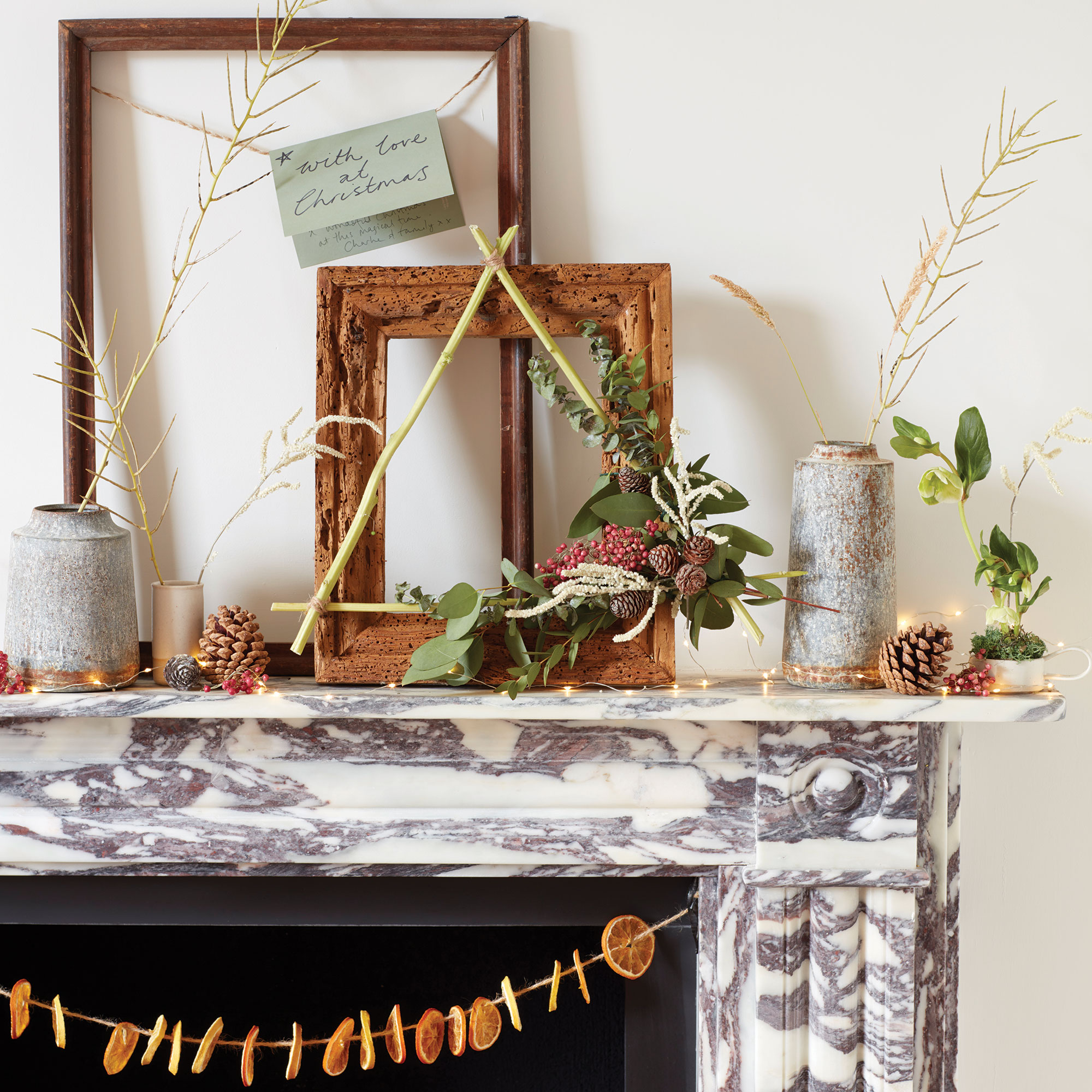 Easy DIY Glitter Ornaments and a Rustic Wintery Mantelscape