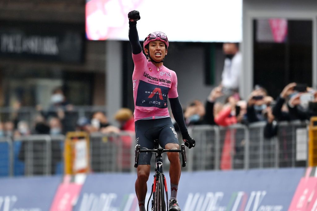 CORTINA DAMPEZZO ITALY MAY 24 Egan Arley Bernal Gomez of Colombia and Team INEOS Grenadiers Pink Leader Jersey stage winner celebrates at arrival during the 104th Giro dItalia 2021 Stage 16 a 153km stage shortened due to bad weather conditions from Sacile to Cortina dAmpezzo 1210m girodiitalia Giro on May 24 2021 in Cortina dAmpezzo Italy Photo by Stuart FranklinGetty Images