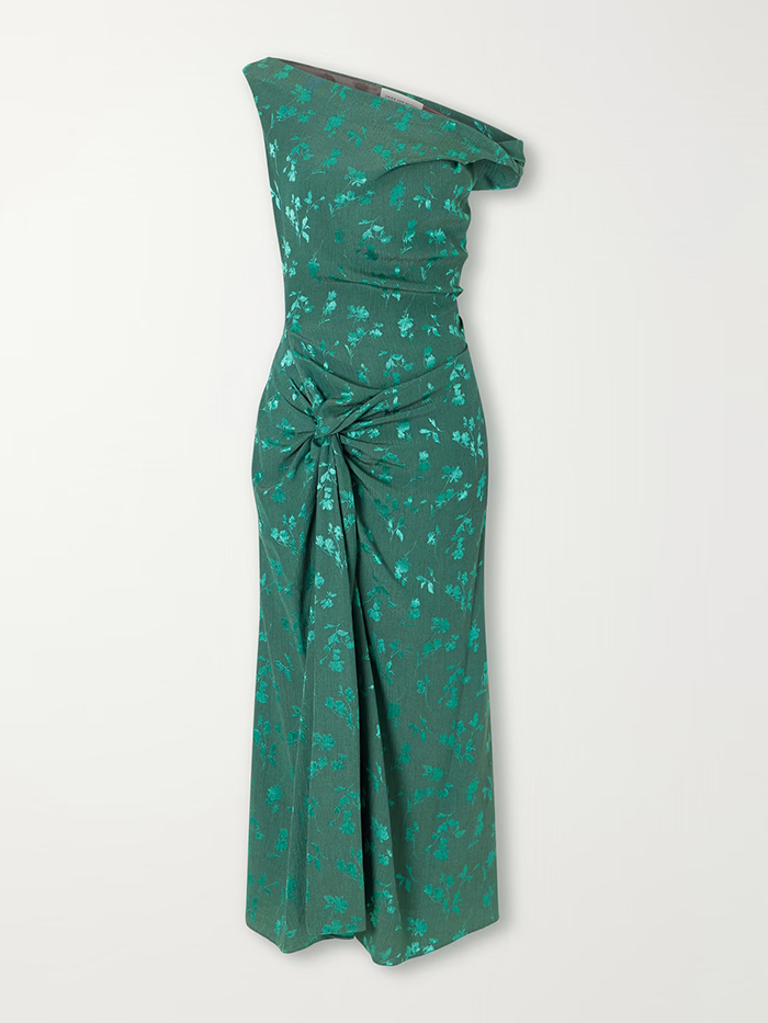 DRIES VAN NOTEN, Floral-Jacquard Knot-Detail Satin Midi Dress