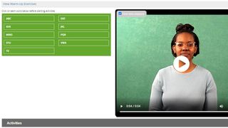 Screenshot showing ASLdeafined video player, paused on woman's image, with left side of screen occupied by alphabetically organized diciontary