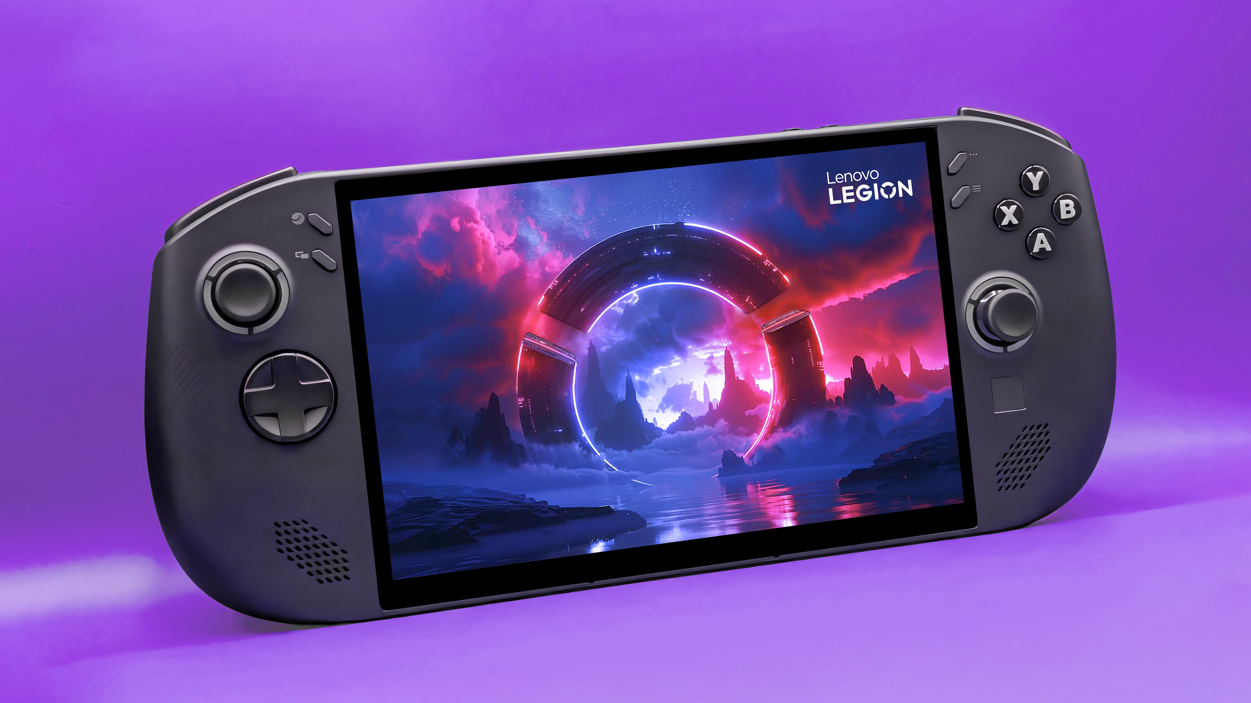 Legion Go S (SteamOS) propped up on a purple surface. 