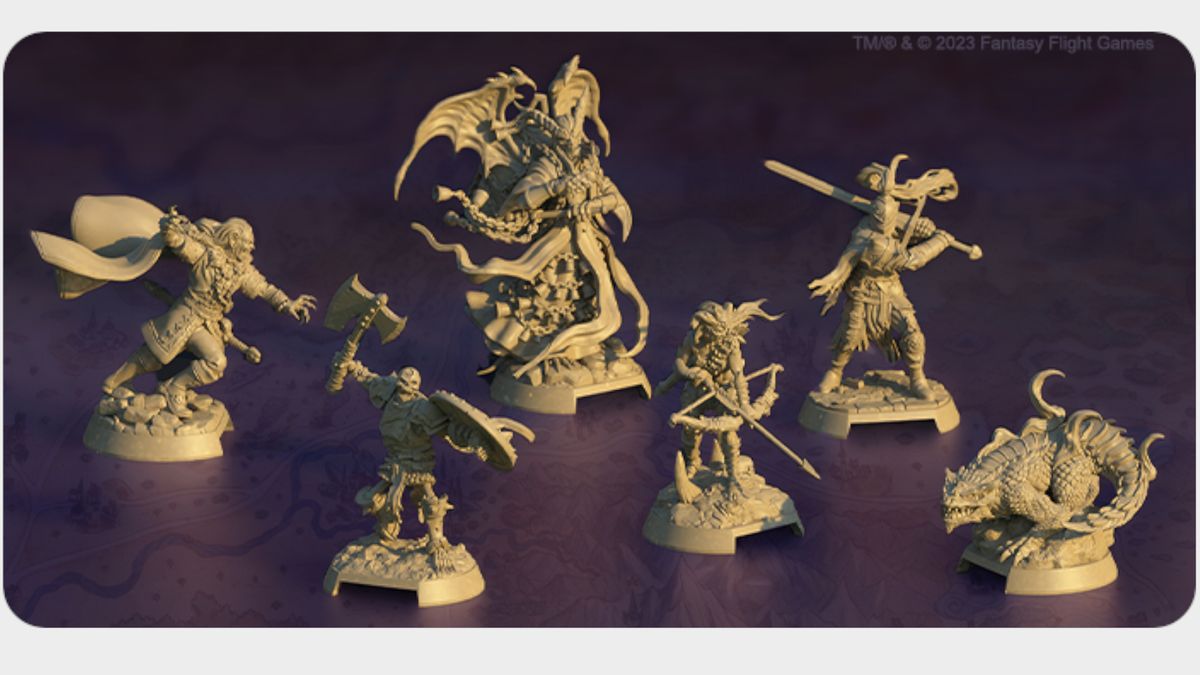 The components, miniatures, cards, and artwork from Descent Act II: The Betrayer's War on a plain background