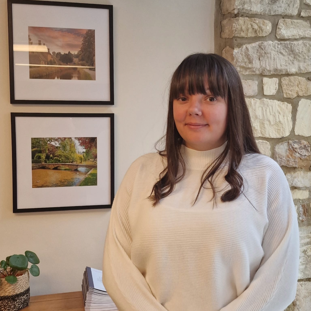 Leona Sherlock headshot next to framed photos of the Cotswolds