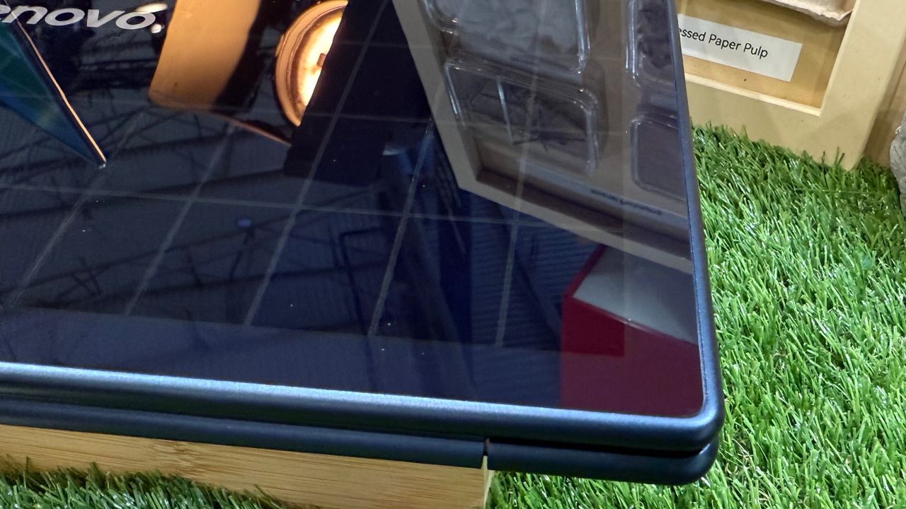 A close-up of the solar charging panels built into the Lenovo Solar laptop concept shown at MWC 2025, Barcelona, Spain.
