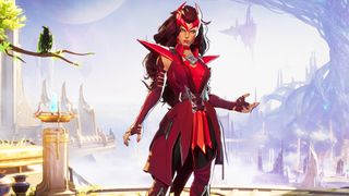 A comic-book-style Scarlet Witch videogame character dressed in red standing in front of a bright background