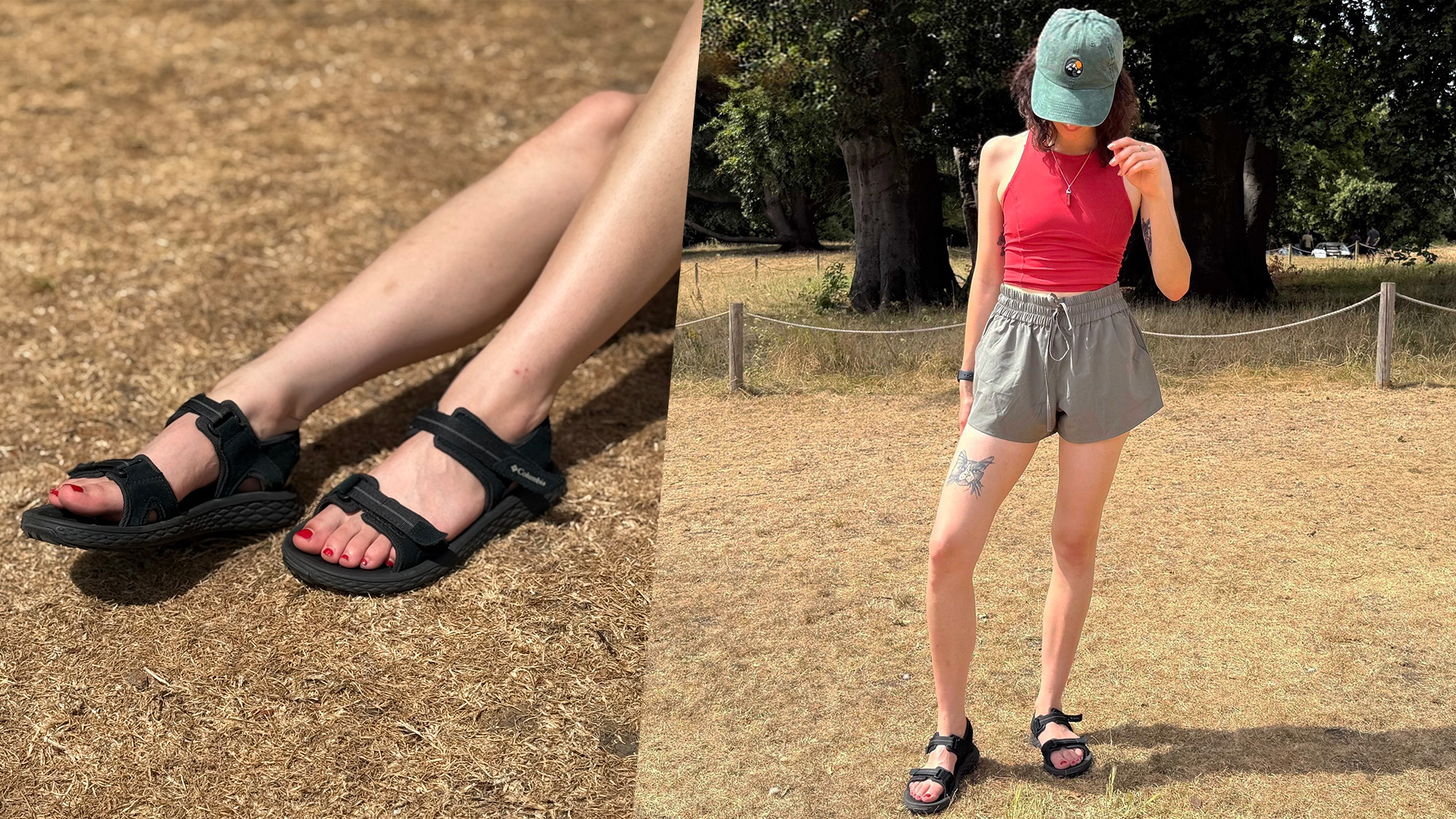 the columbia konos hiker 2-strap sandals worn by the author in a grassy area
