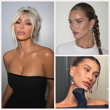 rosie huntington-whitely in a sleek pony braid, hailey bieber in a slick-back messy bun and dangling earrings, kim kardashian in a black strapless dress and platinum messy bun