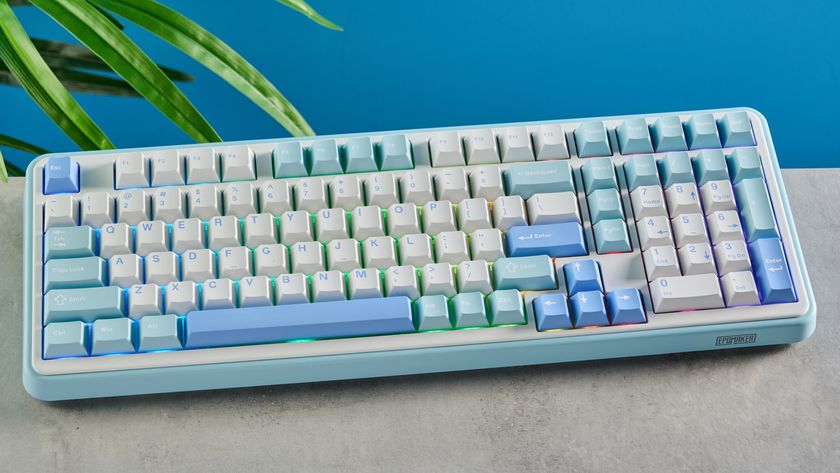 A white and blue Epomaker TH99 96% mechanical keyboard