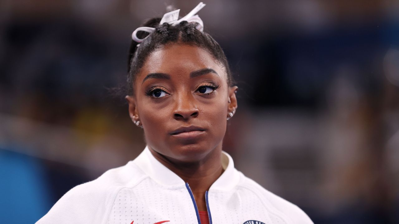 tokyo, japan july 27 simone biles of team united states looks on during the womens team final on day four of the tokyo 2020 olympic games at ariake gymnastics centre on july 27, 2021 in tokyo, japan photo by laurence griffithsgetty images