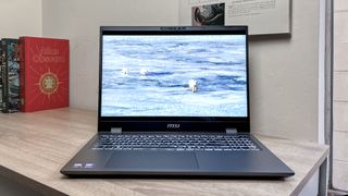 MSI Prestige 16 AI EVO (2025) review unit on desk