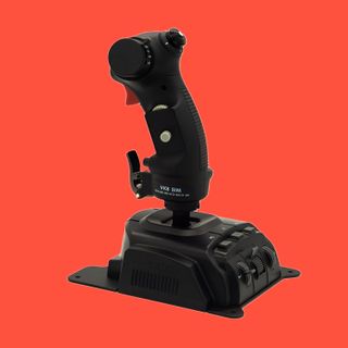 An image of the the VKB Gladiator NXT EVO F-14 Combat Edition joystick against a red background