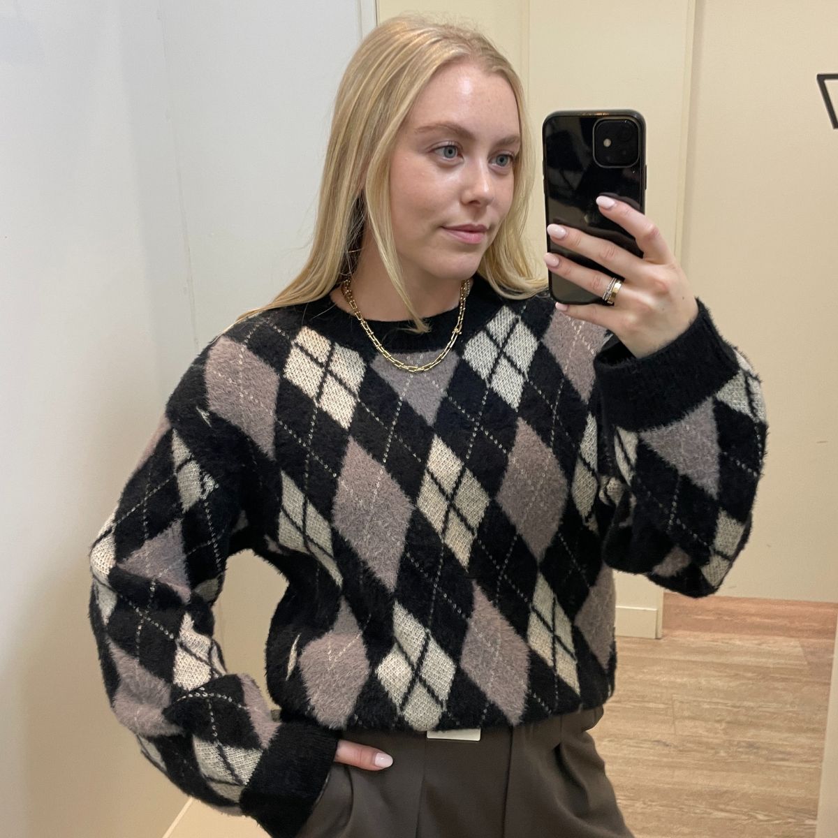 Shopping Editor, Florrie Alexander wears M&S' argyle crew-neck jumper (£38).