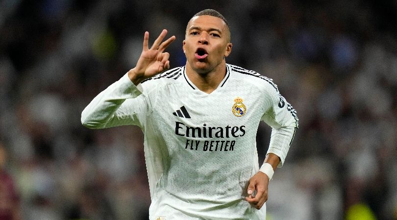 Kylian Mbappe celebrates after scoring a hat-trick for Real Madrid against Manchester City in the Champions League in February 2025.