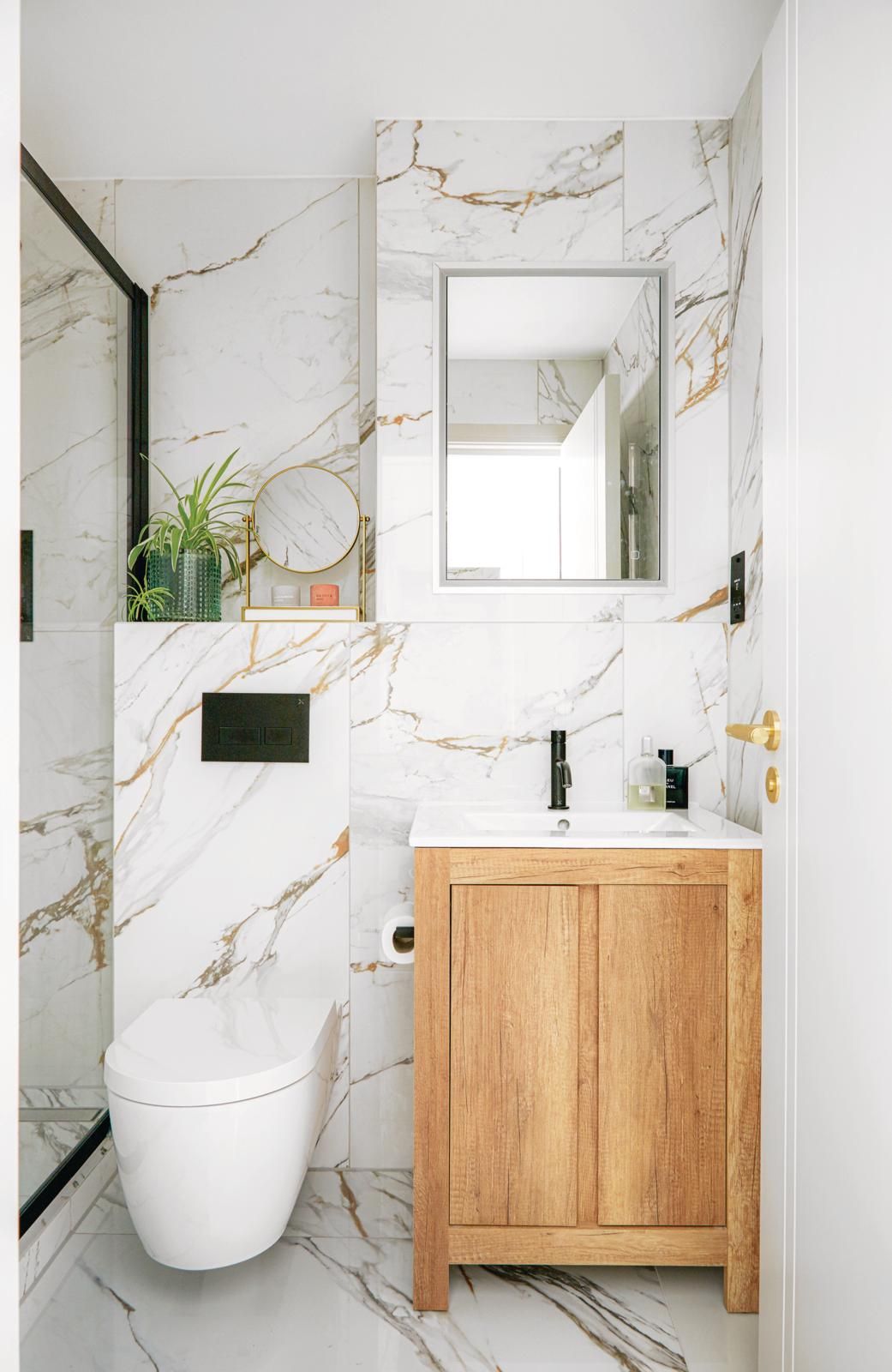 Bathroom decorating ideas with narrow wooden basin unit