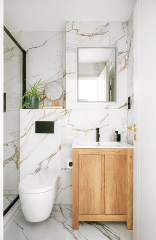 bathroom vanity ideas with a narrow wooden sink unit