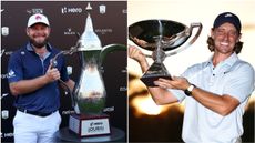 Tyrrell Hatton with the 2025 Dubai Desert Classic trophy & Tommy Fleetwood with the 2025 FedEx Cup