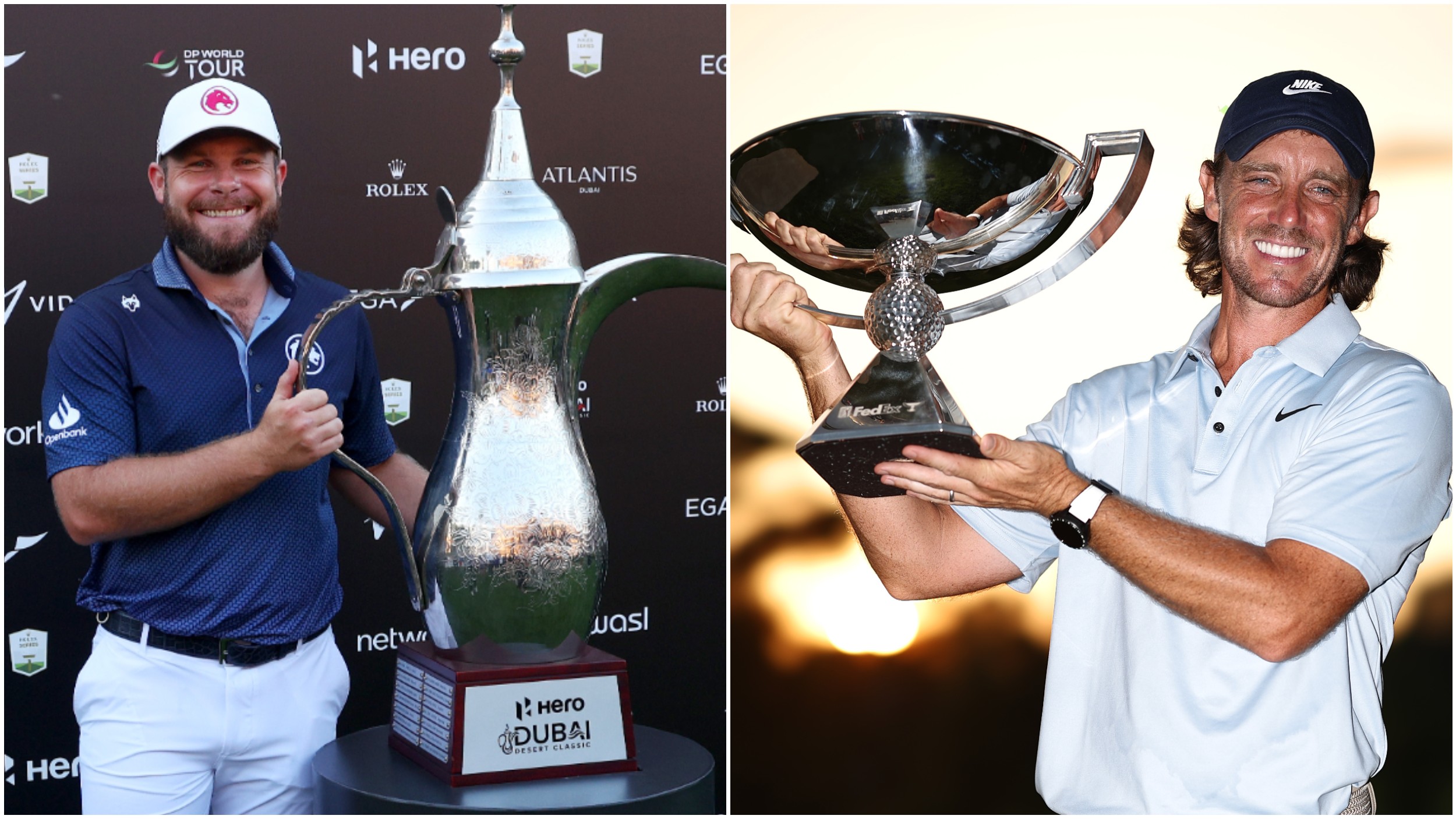 Tyrrell Hatton with the 2025 Dubai Desert Classic trophy &amp; Tommy Fleetwood with the 2025 FedEx Cup 