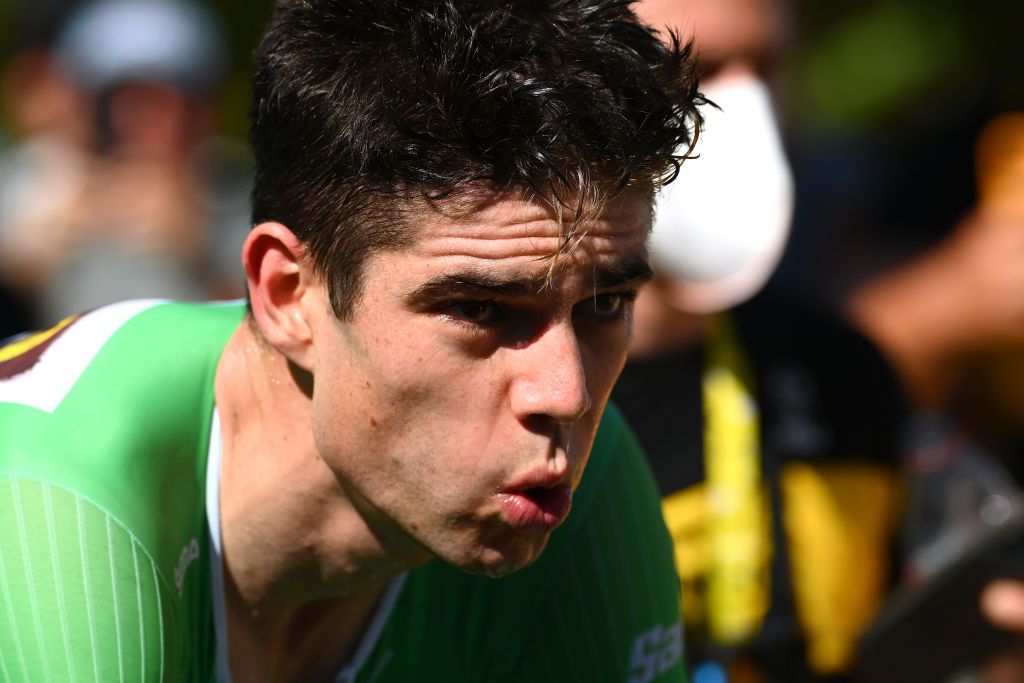 ROCAMADOUR FRANCE JULY 23 Wout Van Aert of Belgium and Team Jumbo Visma Green Points Jersey reacts after the finish line during the 109th Tour de France 2022 Stage 20 a 407km individual time trial from LacapelleMarival to Rocamadour TDF2022 WorldTour on July 23 2022 in Rocamadour France Photo by Tim de WaeleGetty Images