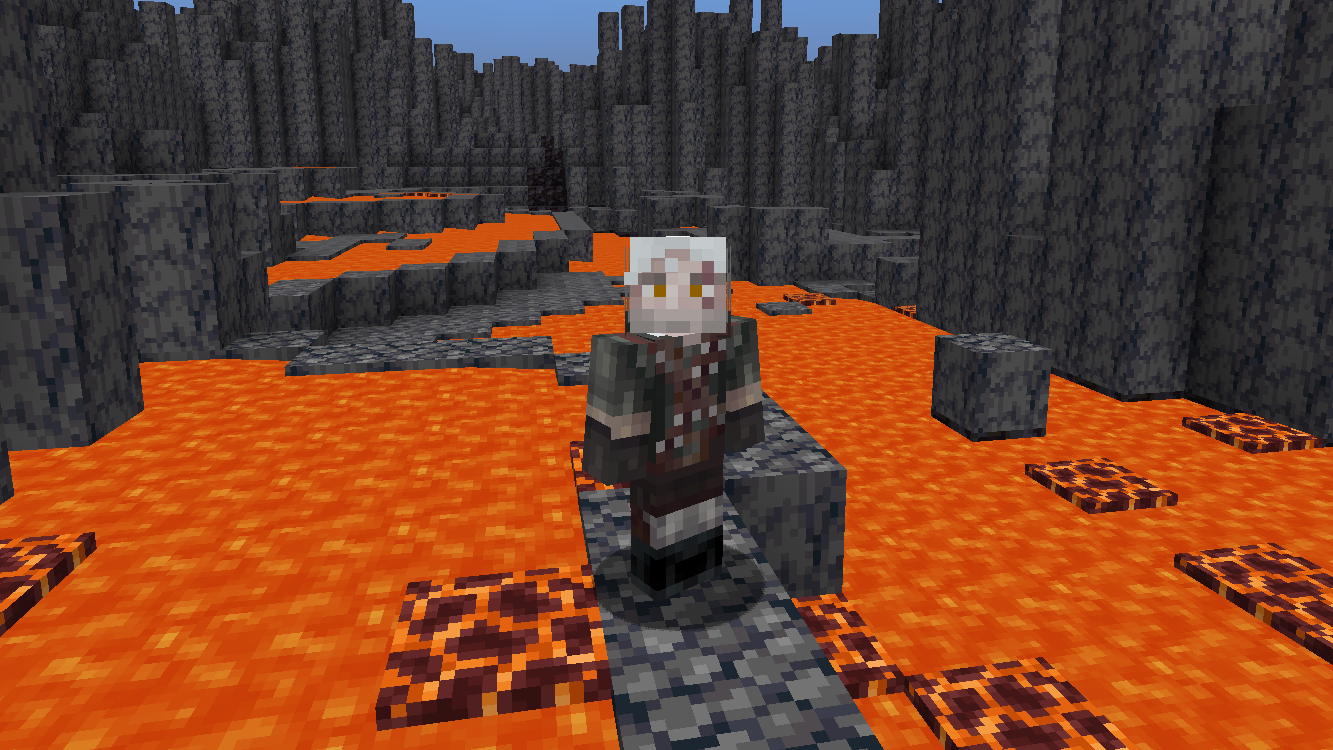 Kulit Geralt of Rivia Minecraft dengan baju besi cokelat dan rambut putihnya