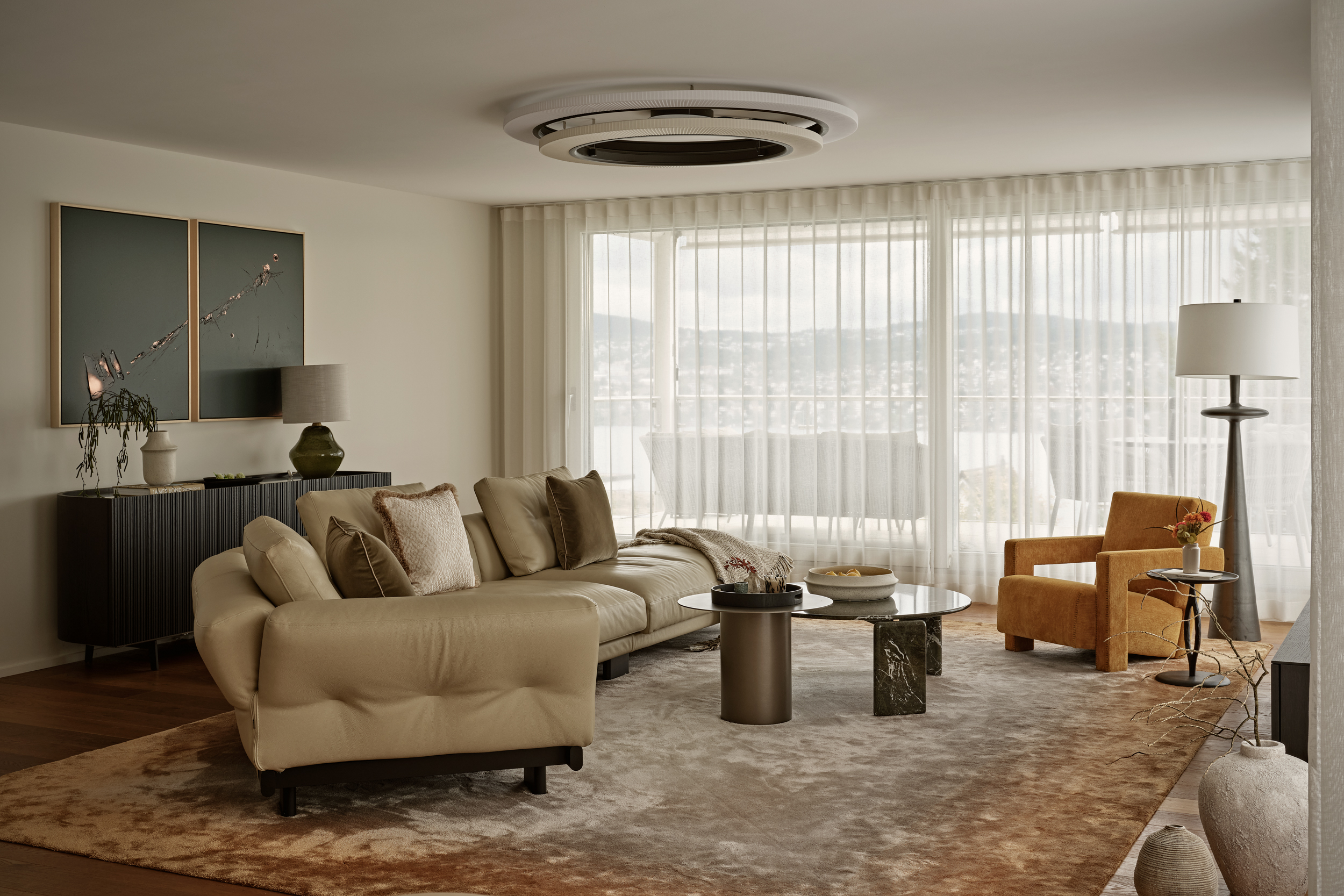 A modular leather corner sofa in a contemporary living room