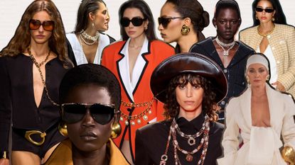 a collage of models and women wearing 80s jewelry trends