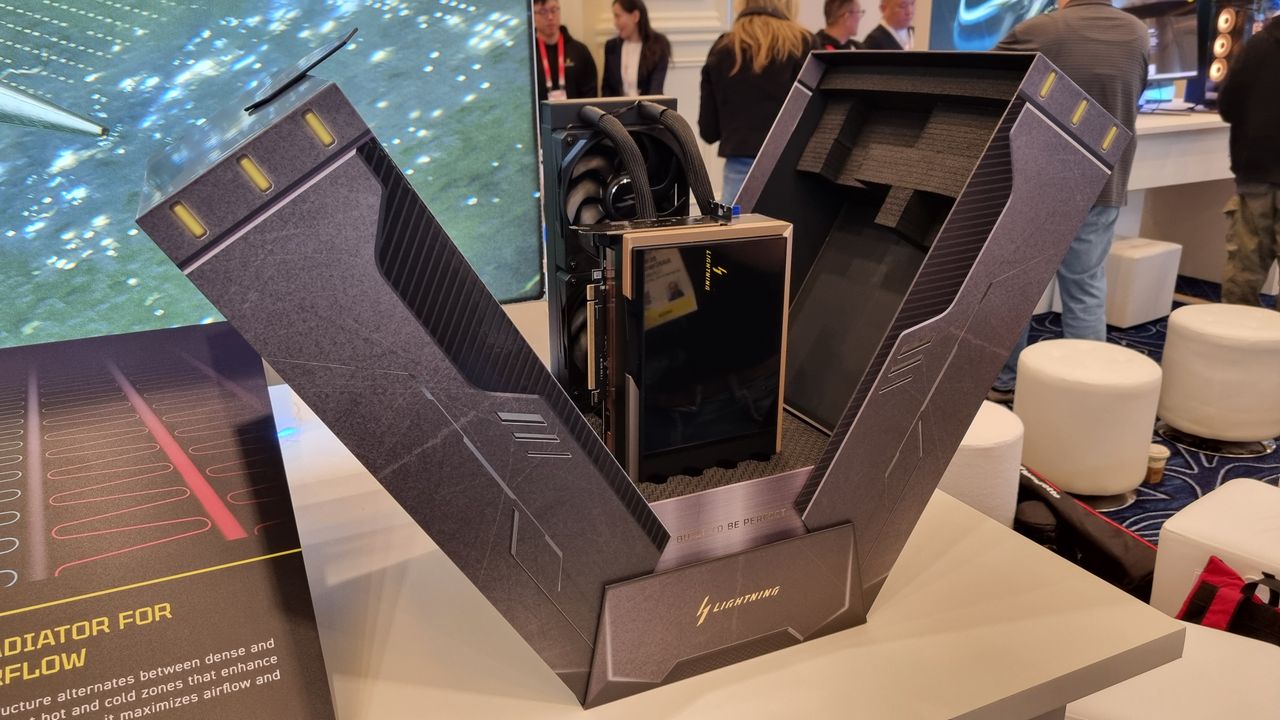 An MSI GeForce RTX 5090 32G Lightning Z graphics card emerging from its super special box