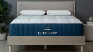 The Bear Elite Hybrid mattress on a bed frame in a clean and uncluttered bedroom