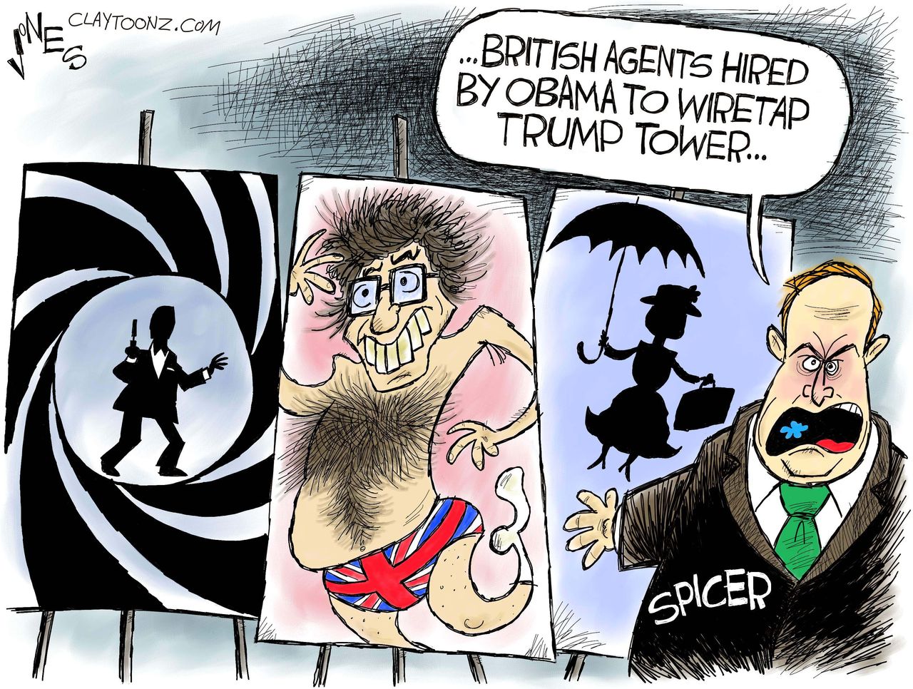 Political Cartoon U.S. President Trump Obama wiretap British agents Sean Spicer