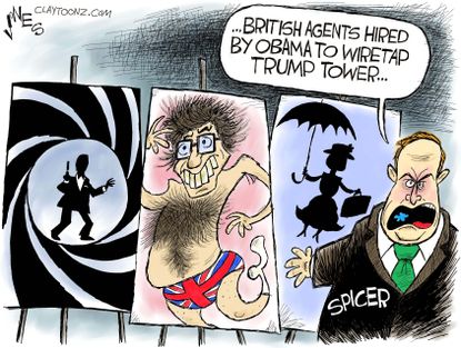 Political Cartoon U.S. President Trump Obama wiretap British agents Sean Spicer