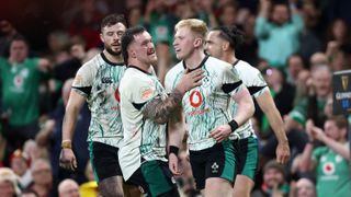 CARDIFF, WALES - FEBRUARY 22: Jamie Osborne of Ireland celebrates with team-mates after scoring a try ahead of the Ireland vs France Guinness Six Nations 2025 clash