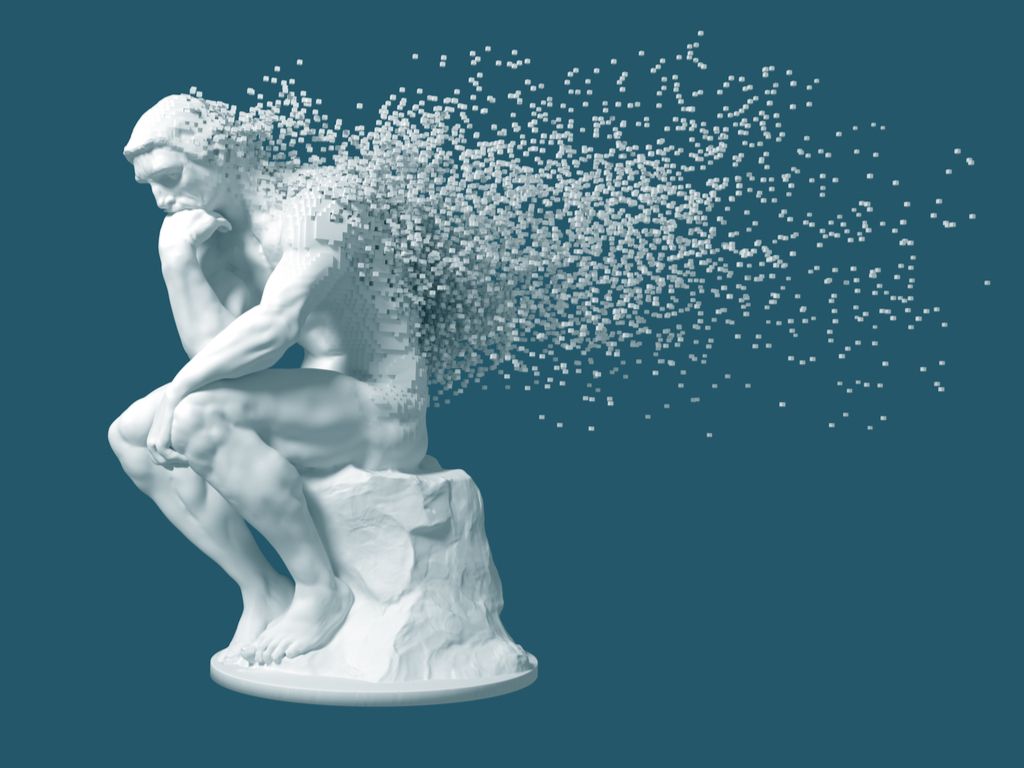 illustration of the thinker statue disintegrating into tiny particles