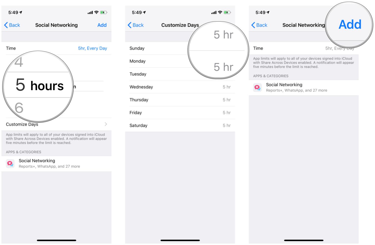 Select your Time and Days for App Limits, then tap Add to save