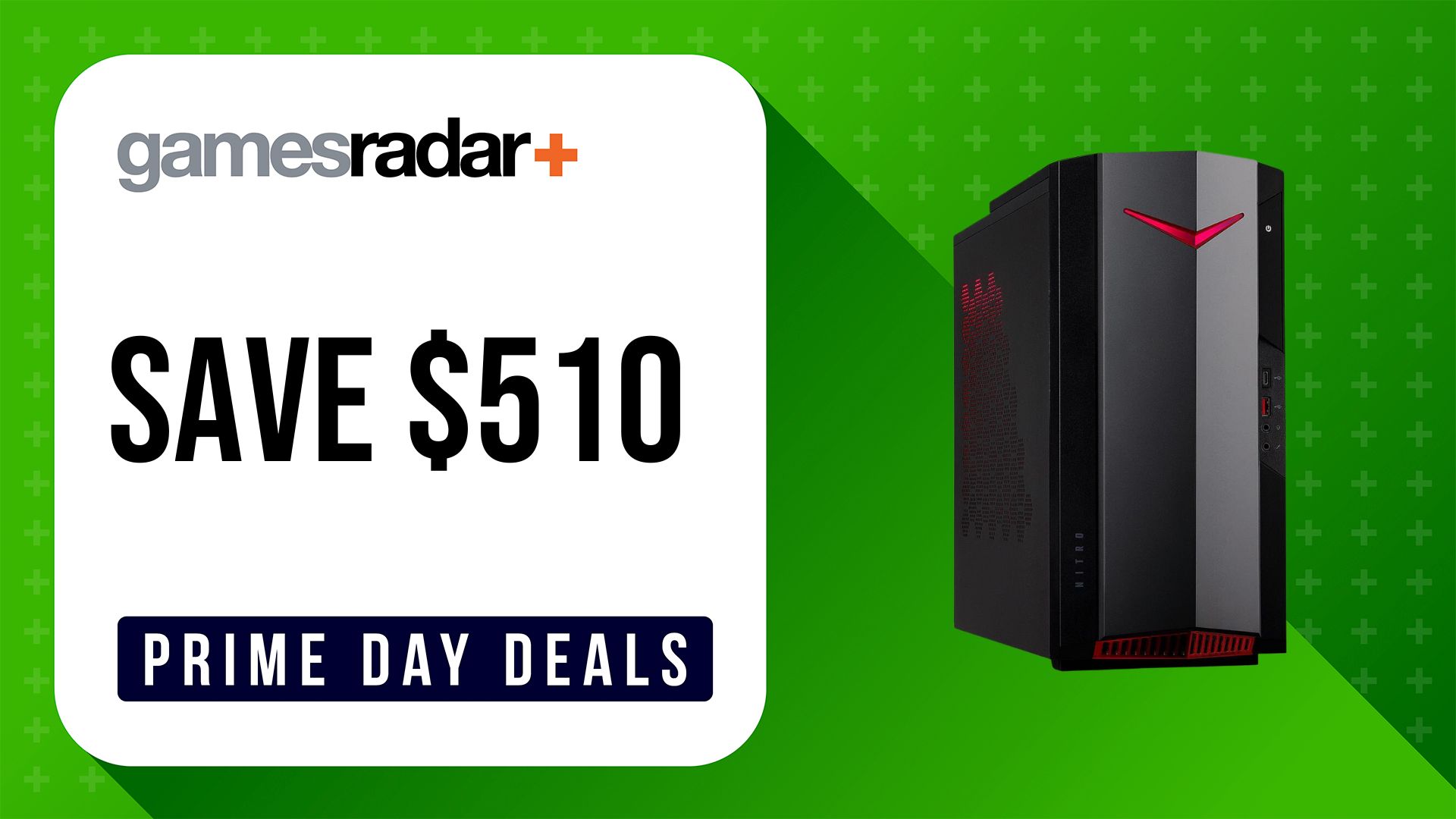 Acer nitro Prime Day gaming PC deal with $510 saving stamp and green background