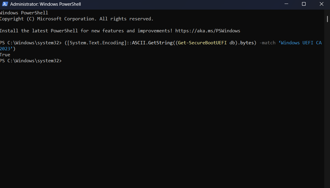 Windows PowerShell window displaying a command that checks for Secure Boot with a result of "True." The interface is dark-themed with white text.