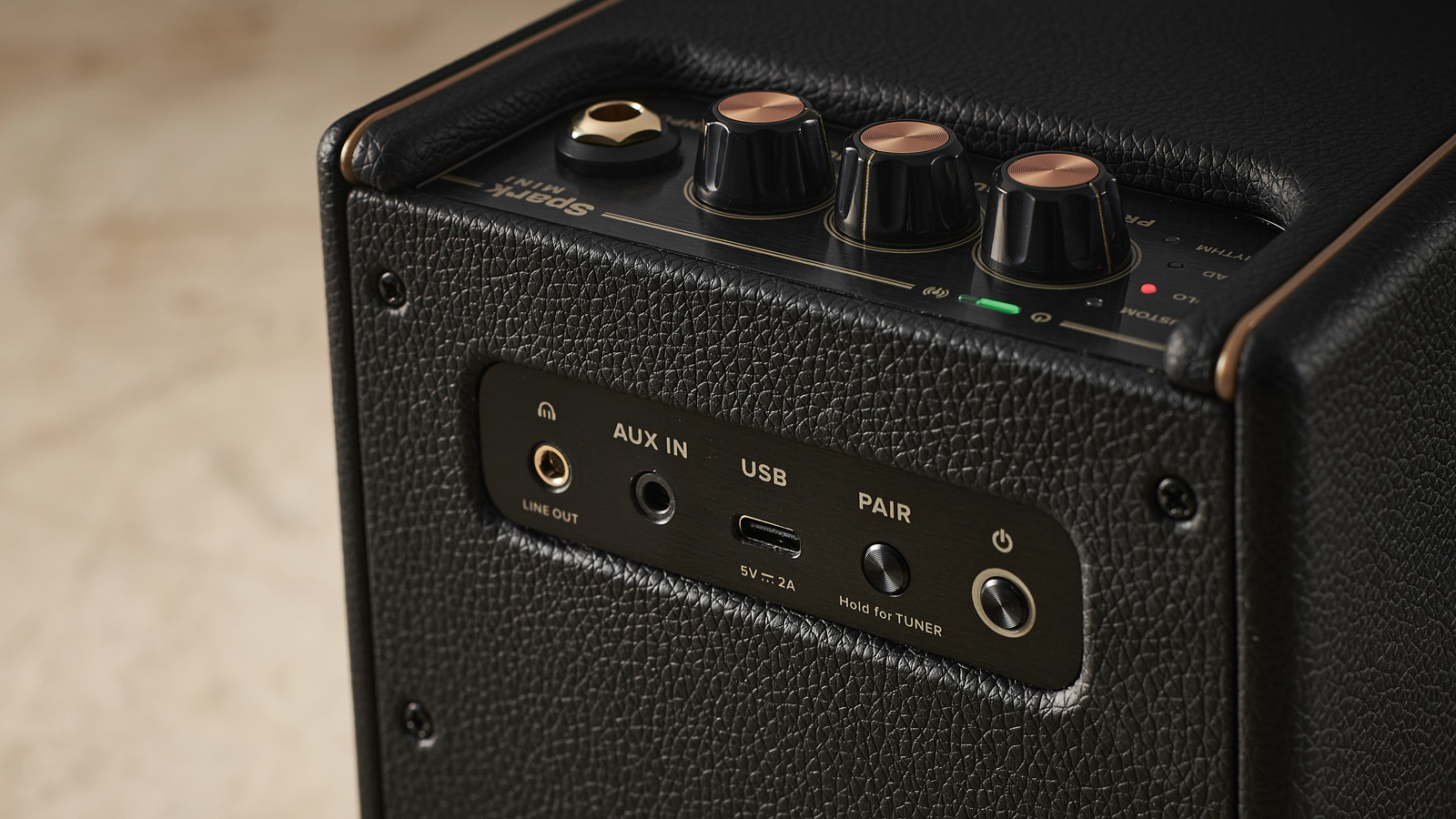 Controls and connectivity on a Positive Grid Spark Mini amp