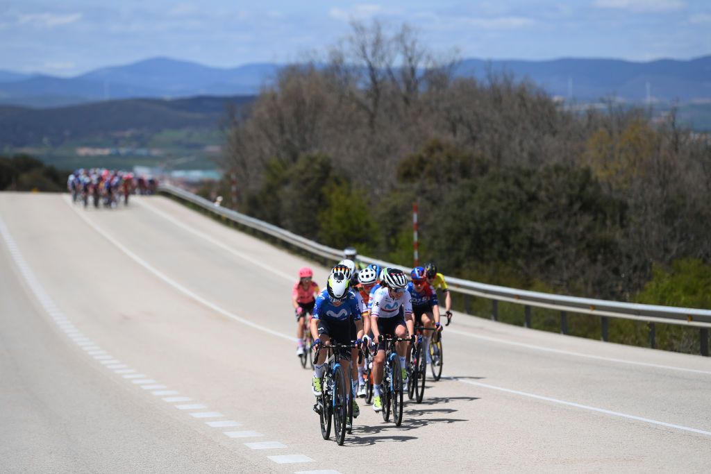 VINUESA SPAIN MAY 03 LR Olivia Baril of Canada and Movistar Team and Jelena Eric of Serbia and Movistar Team compete in the chase group during the 10th La Vuelta Femenina 2024 Stage 6 a 1321km stage from Tarazona to La Laguna Negra Vineuesa 1722m UCIWT on May 03 2024 in Vineuesa Spain Photo by Alex BroadwayGetty Images