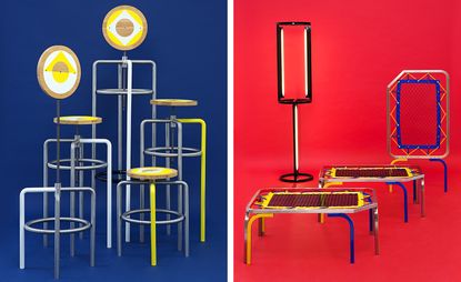 Two side-by-side photos of furniture by M/M (Paris) in collaboration with Plusdesign Gallery. In the first photo there are several grey, white and yellow stools with colourful wooden seats pictured against a blue background. And in the second photo there is a black, vertical rectangle-shaped lamp and silver, yellow and blue tables with a net design pictured against a red background